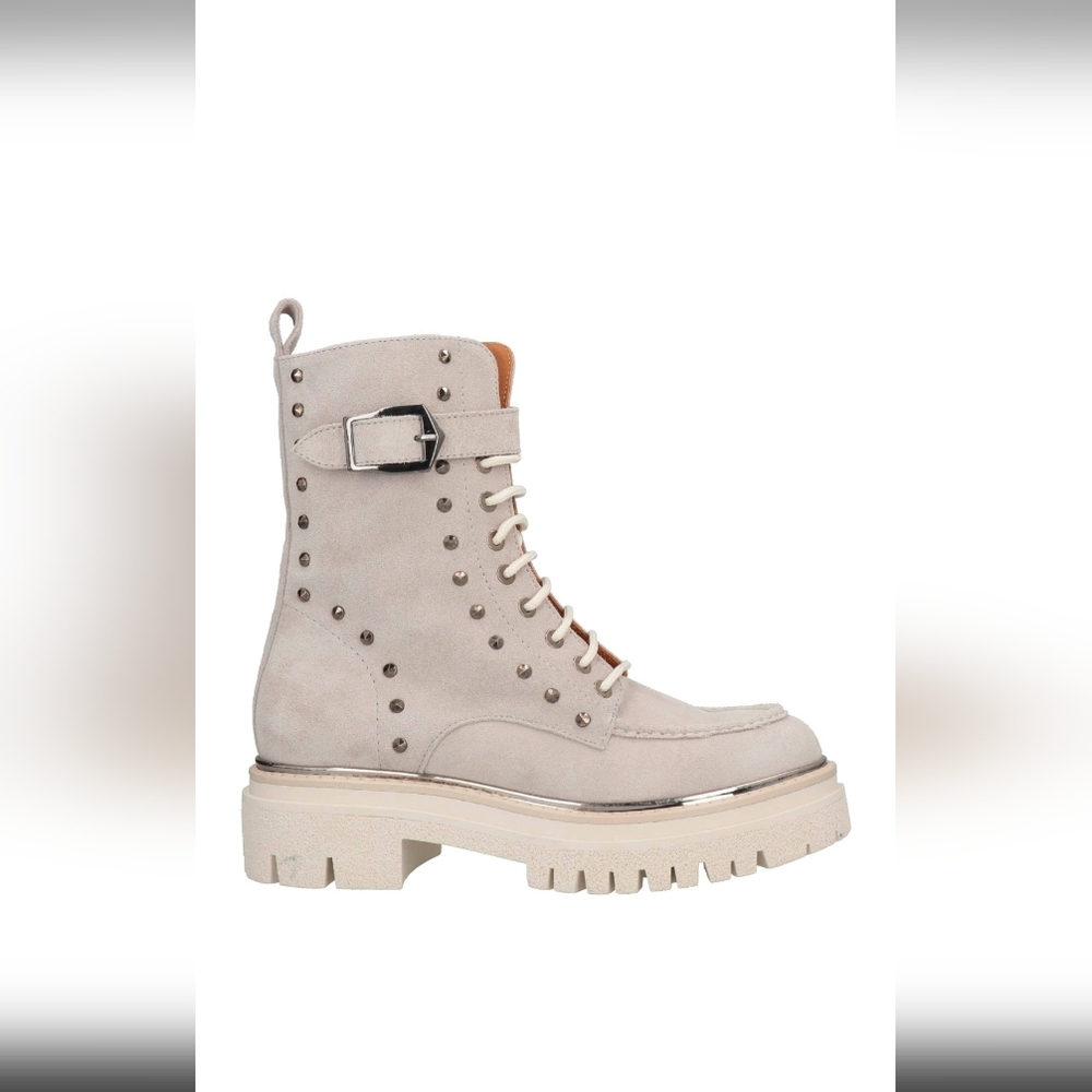 Marian Light Beige Studded Suede Combat Style Boots